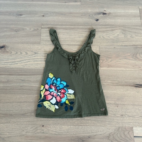 Hollister Womens Army Green Hand Painted Flower Ruffle Tank Top Size Medium - Picture 5 of 13